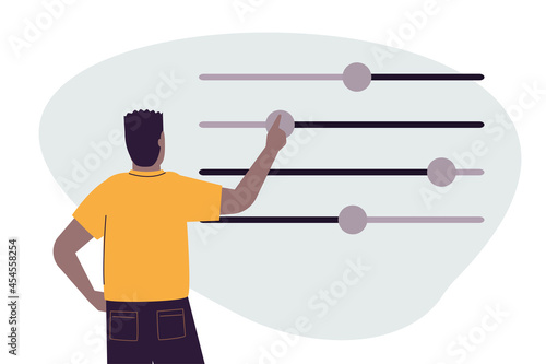 African American man moves different sliders. Black guy adjusts various parameters. Concept of custom settings. User customize settings. System adjust, control panel photo