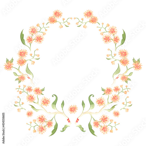 Watercolor floral wreath. Pastel hand-painted flowers create a circular shape frame.