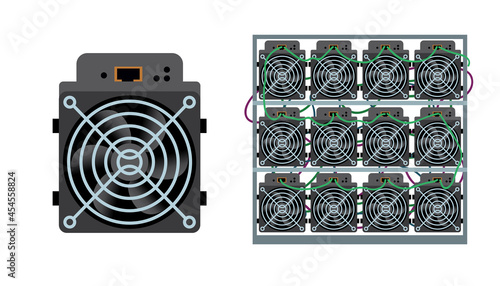 ASIC bitcoin miner and ASIC mining farm. Bitcoin mining. Cryptocurrency mining equipment and hardware flat vector illustration isolated on white.