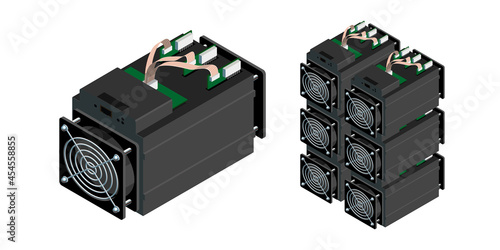 ASIC bitcoin miner and ASIC mining farm. Bitcoin mining equipment and hardware. Antminer isometric view.