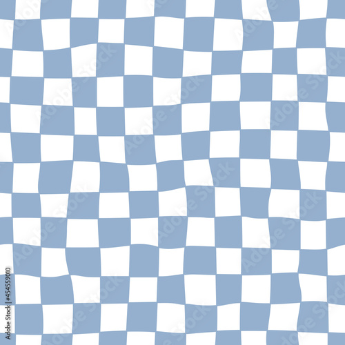 Distorted checkered seamless pattern. Hand-drawn blue check. Trendy 70s style.