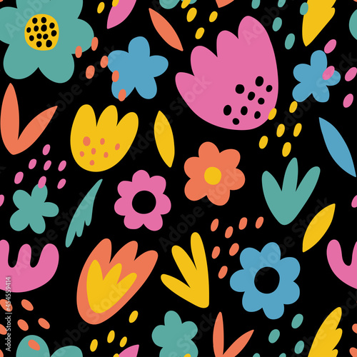 Abstract seamless pattern  with simple hand-drawn elements.   Doodle figures and abstract flowers. For the design of textiles, wrapping paper, wallpaper.