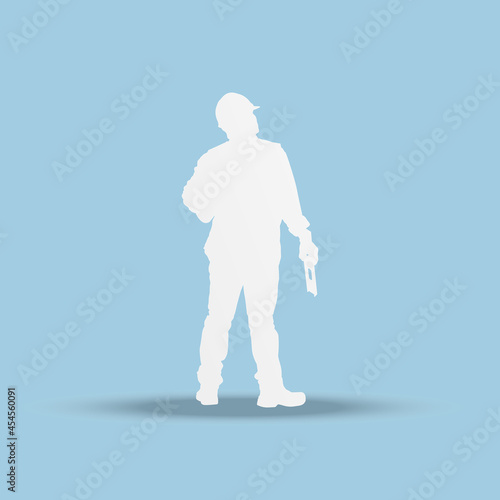 Engineer man cut out of paper on blue background, Worker paper cut style. Vector illustration