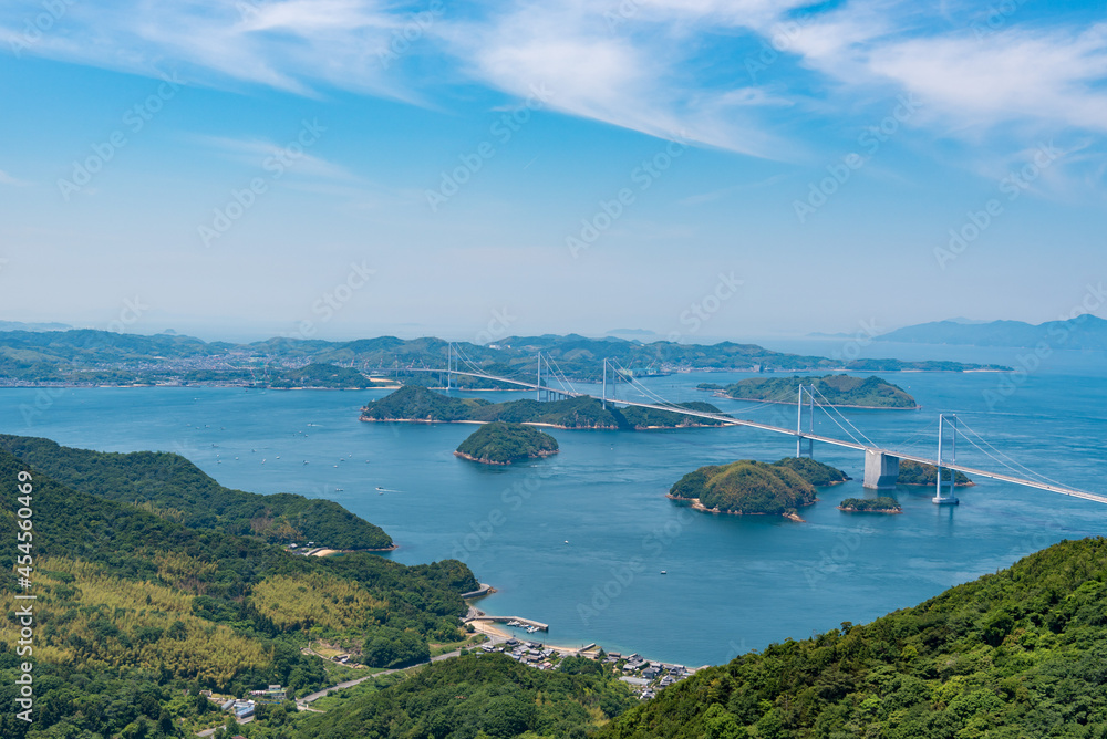 Bridge in the Seto Inland Sea, View of the Kurushima Strait from the observatory on Oshima Island