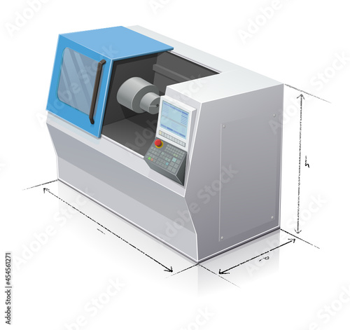Numerically controlled machine tools and its traces representing the dimensions of the device on a white background 