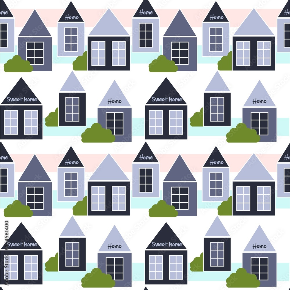 Simple houses with bushes on a striped background seamless pattern. Background with cute minimalistic houses. Template for fabric, wallpaper, packaging.