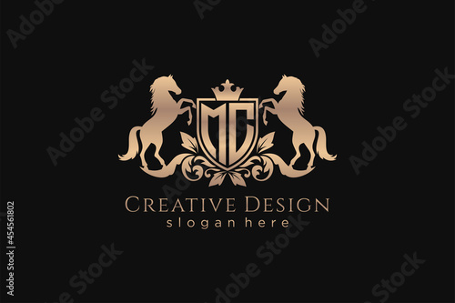initial MC Retro golden crest with shield and two horses, badge template with scrolls and royal crown - perfect for luxurious branding projects