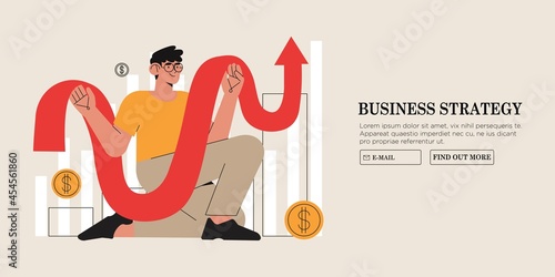 Character hold growing arrow. Male person for banner, web page or site design. Business growth or effective startup strategy concept, company statisctics and sales analysis. Finance and investment.