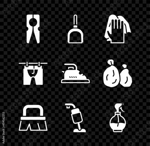 Set Clothes pin, Dustpan, Cleaning service, Brush for cleaning, Vacuum cleaner, Water spray bottle, Drying clothes and Electric iron icon. Vector