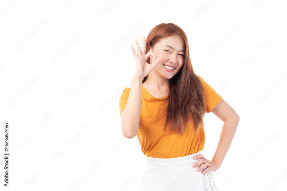 Portrait of beautiful young Asian girl model long hair in casual summer clothes smile, happy and enjoying in studio isolated on white background. Portrait of beautiful young Asian girl model long hair in casual summer clothes smile, happy and enjoying in studio isolated on white background.