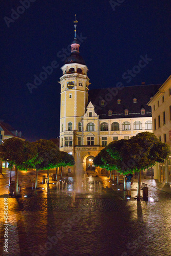 Rathaus Köthen, Turm, Nacht, Straßen Beleuchtung, Sachsen Anhalt, Deutschland