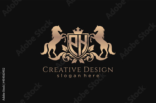 initial PK Retro golden crest with shield and two horses, badge template with scrolls and royal crown - perfect for luxurious branding projects