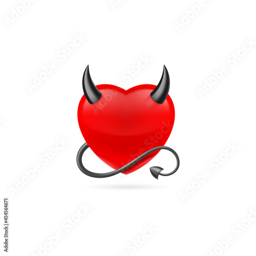 Red Heart with Black Horns and Devil Tail. Cute Cartoon Style Illustration. Romantic Love Lovesickness Symbol. St Valentine Greeting Card Decor, or Marriage Anniversary