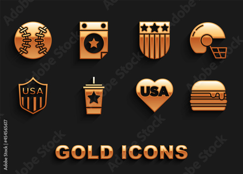Set Paper glass with straw, American football helmet, Burger, USA Independence day, Shield stars, Baseball and Calendar date July 4 icon. Vector