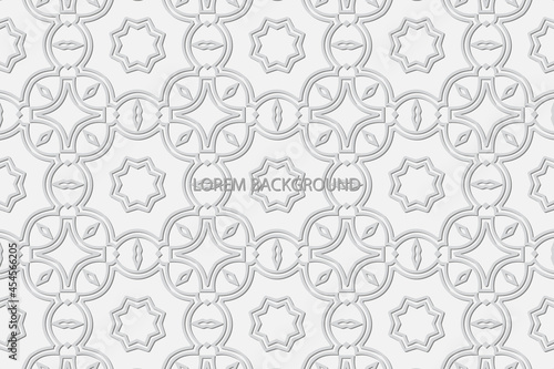 Geometric volumetric convex ethnic 3D pattern, cover design. Embossed artistic white background, arabesque. Oriental, Indonesian, Asian original motives, texture with ornaments.