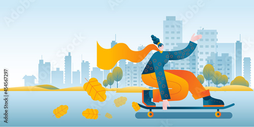 A girl in a bright scarf quickly rides a skateboard against the background of the city. A template for a horizontal banner with an autumn theme.