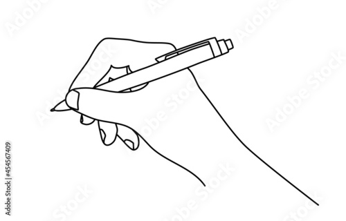 Hand holding a ball pen, writing or drawing, isolated on white background