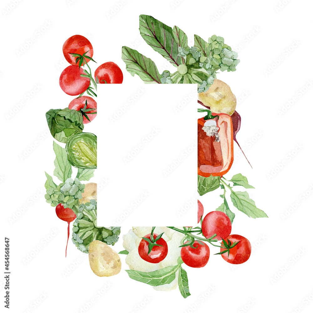 Watercolor vegetables frame border with tomatoes, bell peppers ...