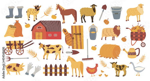 Farm elements set. Colorful vector isolated illustration hand drawn. Harvest season. Rubber boots, bucket and milk can, haystack and cart, farm animals