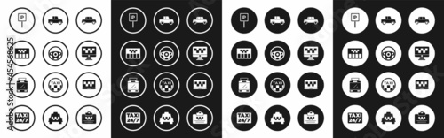 Set Car, Steering wheel, Taximeter, Parking, Computer call taxi service, Laptop and Tram and railway icon. Vector