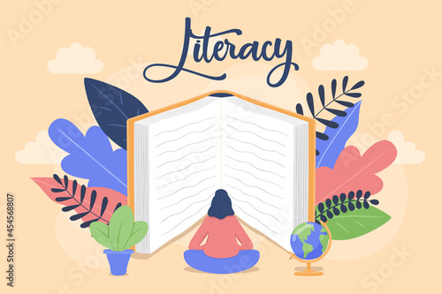 Literacy concept girl reading big open book