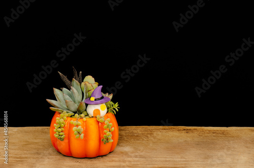 Succulents mix arrangement with witch house miniature in ceramic pumpkin planter on wooden table ,black background Halloween decoration idea