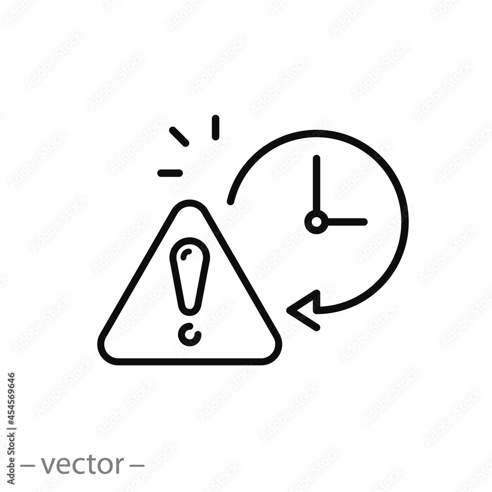 expiration icon, exclamation with clock, attention, expiry time or date, deadline notification, thin line symbol on white background - editable stroke vector illustration expiration icon, exclamation with clock, attention, expiry time or date, deadline notification, thin line symbol on white background - editable stroke vector illustration