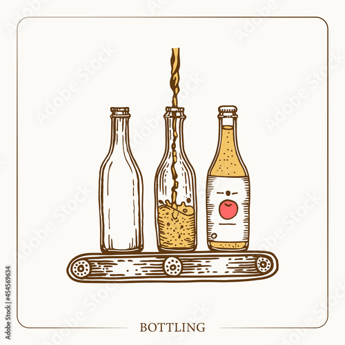 Pouring the drink into bottles. Production conveyor. Equipment for the production of cider. Vintage sketch garden background. Hand drawn design. Vector illustration. 