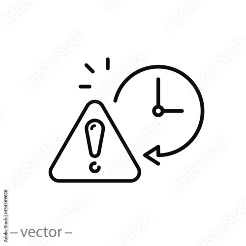 expiration icon, exclamation with clock, attention, expiry time or date, deadline notification, thin line symbol on white background - editable stroke vector illustration