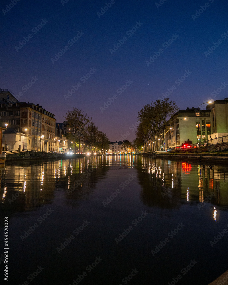 Canal Saint-Marin at night in Paris, France