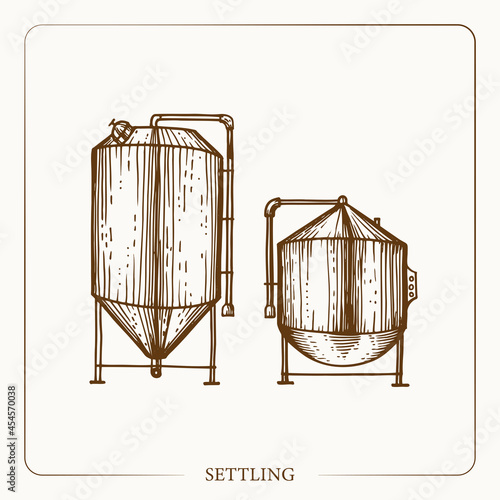 Quality stainless Settling Tanks. Equipment for the production of cider. Vintage sketch. Hand drawn design. Vector illustration. 