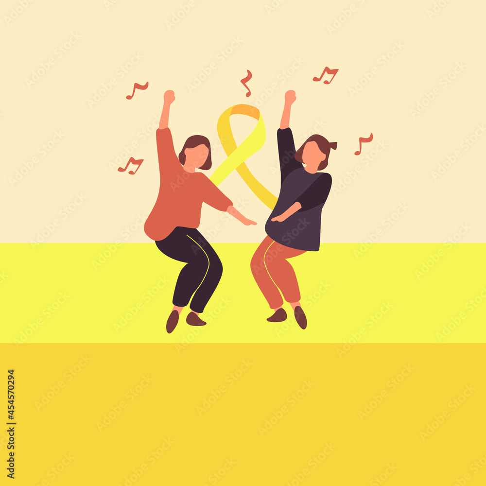 Flat design about Yellow ribbon supports suicide prevention squad. And girls dancing together happily, Jumping, shaking hips, moving body. Funny cartoon Enjoy the rhythm. Simple vector illustration