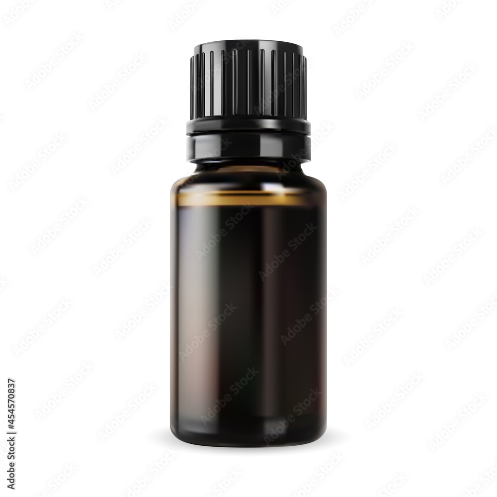 Essential oil bottle. Brown glass vial, small vector container. Realistic glossy amber packaging with black screw lid, apothecary syrup jar. Natural lavender essence flacon Essential oil bottle. Brown glass vial, small vector container. Realistic glossy amber packaging with black screw lid, apothecary syrup jar. Natural lavender essence flacon