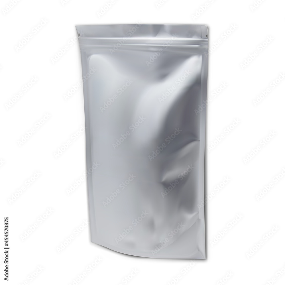 Foil pouch mockup, plastic bag template, snack sachet vector template, isolated aluminum envelope zipper container. Candy, powder or cookie pouch blank, gray polythene Foil pouch mockup, plastic bag template, snack sachet vector template, isolated aluminum envelope zipper container. Candy, powder or cookie pouch blank, gray polythene