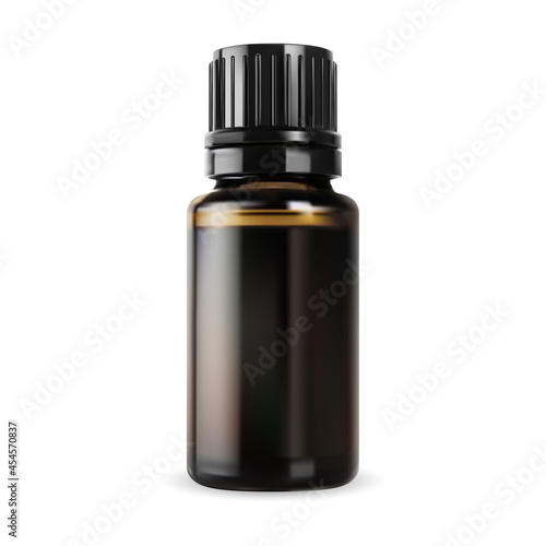 Essential oil bottle. Brown glass vial, small vector container. Realistic glossy amber packaging with black screw lid, apothecary syrup jar. Natural lavender essence flacon