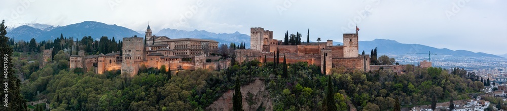Panoramic view of the famous Alhambra palace at sunset, Granada, Spain