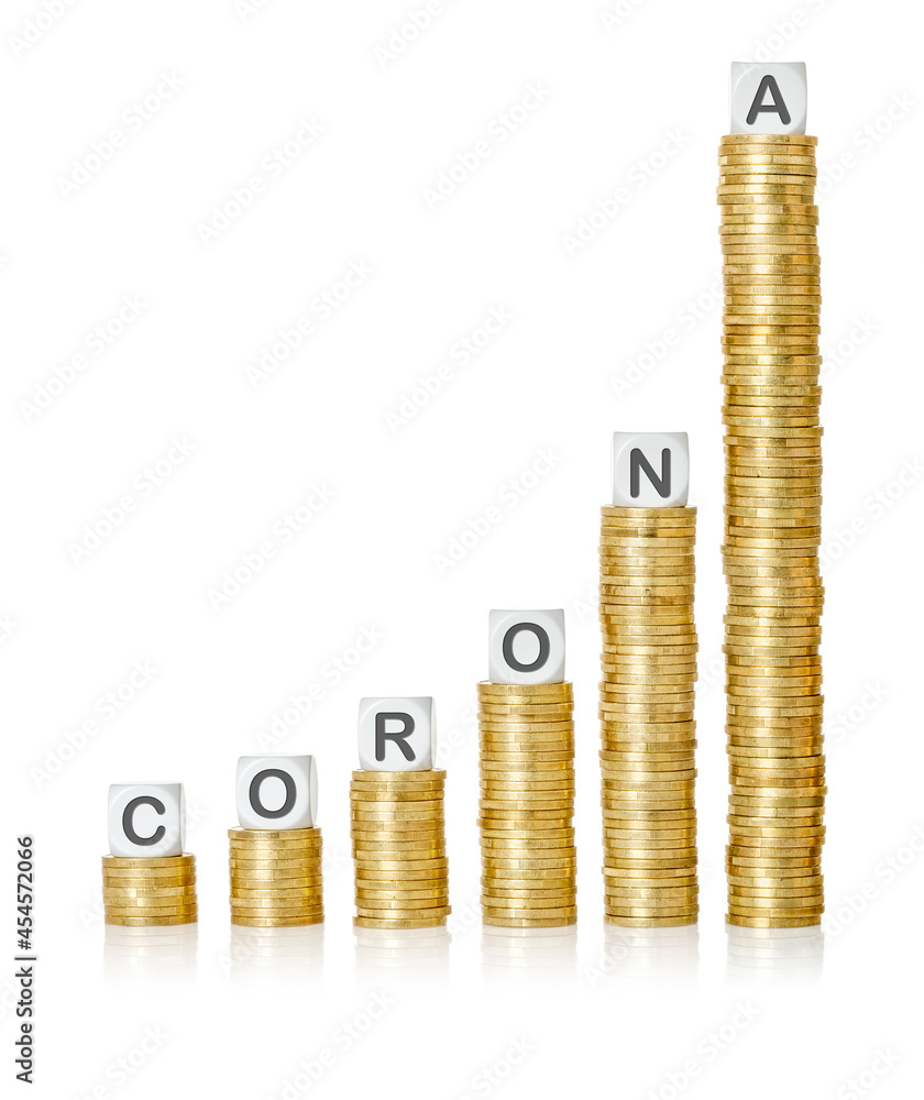 Golden coin stacks with letter dice - Corona Golden coin stacks with letter dice - Corona