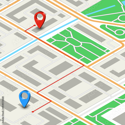Detailed abstract city map in isometric projection with pointers and route. Vector illustration.