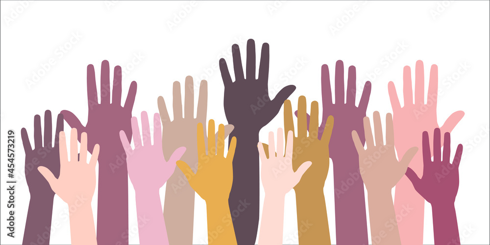 Many hands of different people in unity raise hands up. Raised hand silhouettes, people colorful voting vector illustration. Celebration, Teamwork, collaboration, voting, volunteering concert. Many hands of different people in unity raise hands up. Raised hand silhouettes, people colorful voting vector illustration. Celebration, Teamwork, collaboration, voting, volunteering concert.