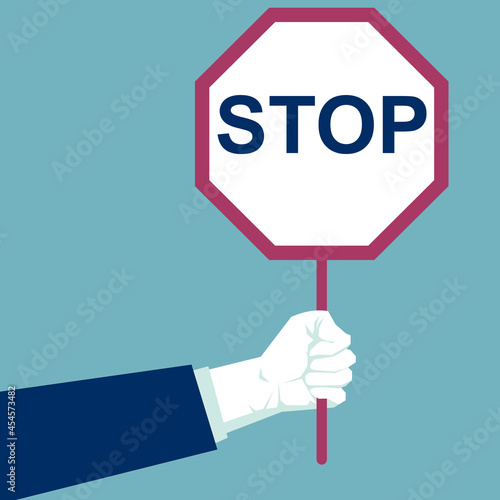 Businessman hand holding stop sign cartoon vector illustration