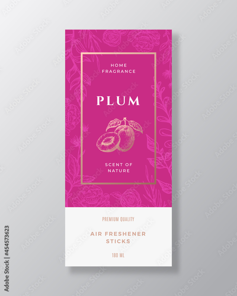 Plum Home Fragrance Abstract Vector Label Template. Hand Drawn Sketch Flowers, Leaves Background and Retro Typography. Premium Room Perfume Packaging Design Layout. Realistic Mockup. Isolated