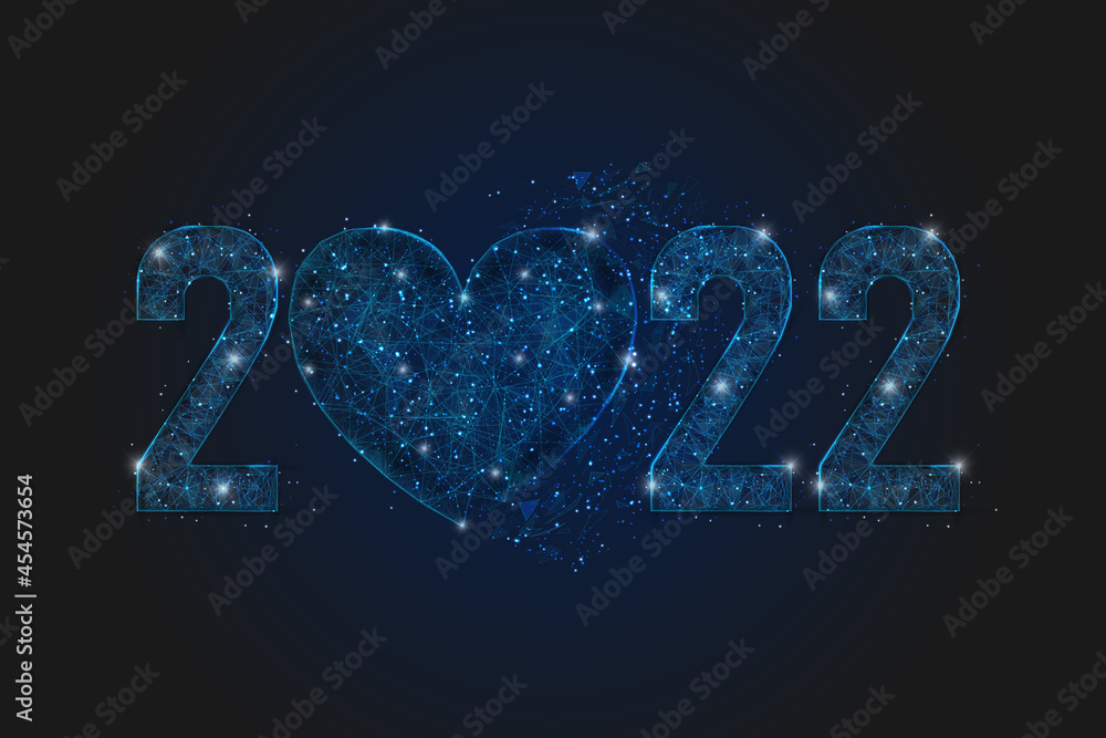 Abstract isolated blue image of new year number 2022 with heart. Polygonal low poly wireframe illustration looks like stars in the blask night sky in spase or flying glass shards. Abstract isolated blue image of new year number 2022 with heart. Polygonal low poly wireframe illustration looks like stars in the blask night sky in spase or flying glass shards.
