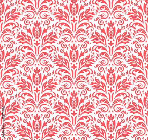 Wallpaper in the style of Baroque. Seamless vector background. White and pink floral ornament. Graphic pattern for fabric, wallpaper, packaging. Ornate Damask flower ornament