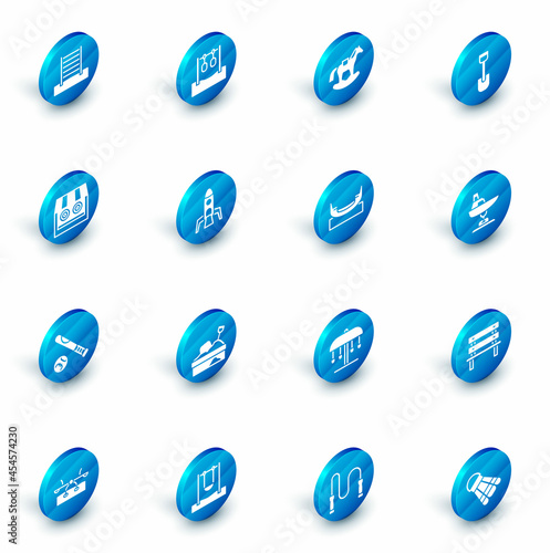 Set Gymnastic rings, Horse saddle swing, Shovel toy, Shooting gallery, Baseball bat with ball, Rocket ship, Swing boat and Boat icon. Vector