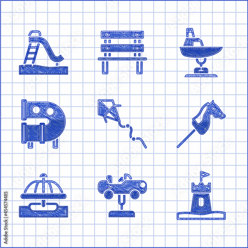 Set Kite, Swing car, Sand tower, Toy horse, Attraction carousel, Kid playground slide pipe, boat and icon. Vector