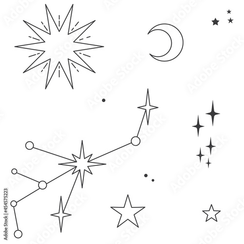 Astral elements vector design. Cosmic, celestial background. Stars, planets, sun, cosmos linear icons.