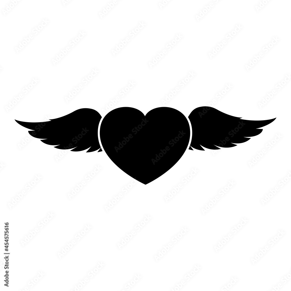 Heart with angel wings flying feather icon black color vector illustration flat style image Heart with angel wings flying feather icon black color vector illustration flat style image