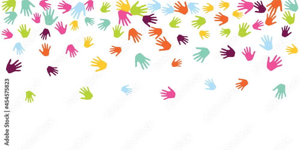 Abstract kids handprints nursery games concept background design.