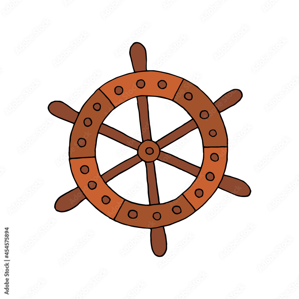 Steering wheel of the ship. Ship management. Steering wheel. Vector. Doodle. Hand-drawn illustration.