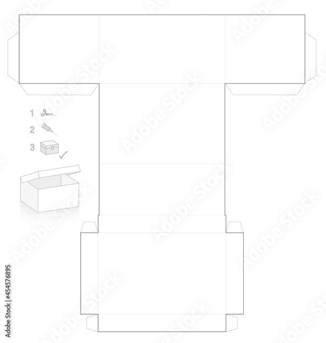 Template of cardboard box with lid that can be opened, simple paper model. Cut out, fold and glue it. Vector illustration. 